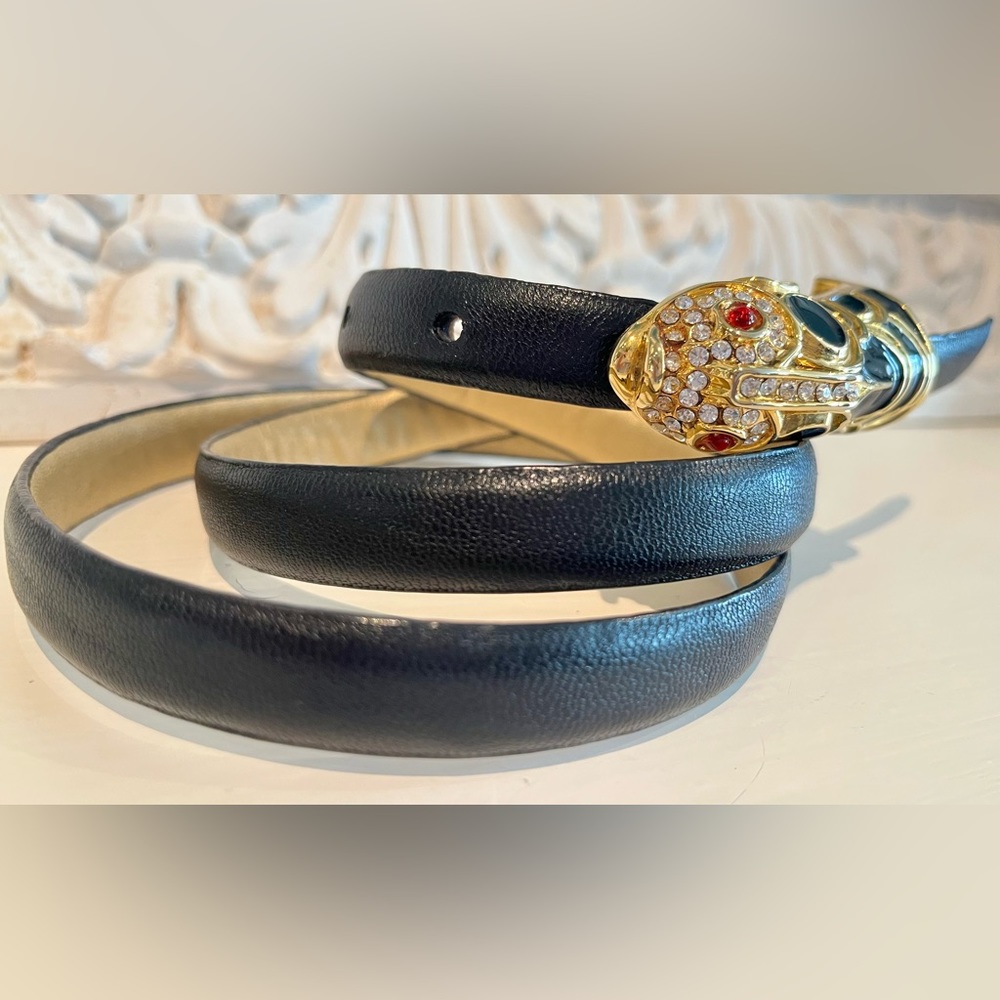 Kenneth J Lane Vintage Koi Fish Enameled Buckle Black Belt, Size M